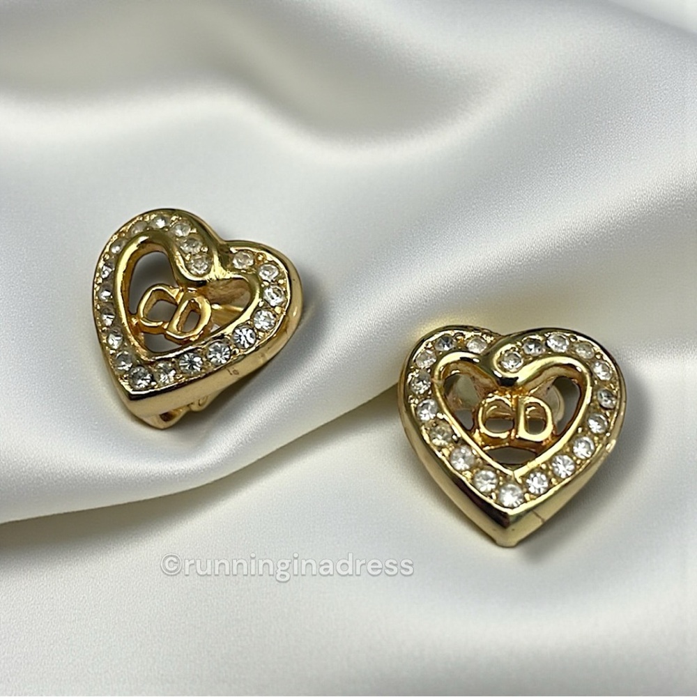 Vintage Christian Dior Gold CD Heart Crystal Earrings With Original Packaging - Picture 7 of 13